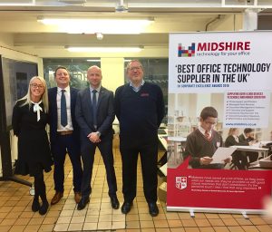 Dawn Halliwell, James Hall, Richard Salter, and Richard Flynn at the MMU Print Technology Open Day Midshire Exhibit
